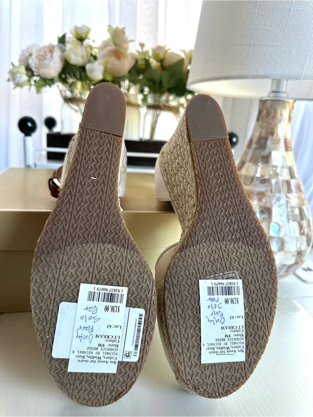 NWT Michael Kors Kendrick Canvas Espadrille Wedge Sandals 9M Light Cream w/ Box - Picture 5 of 9